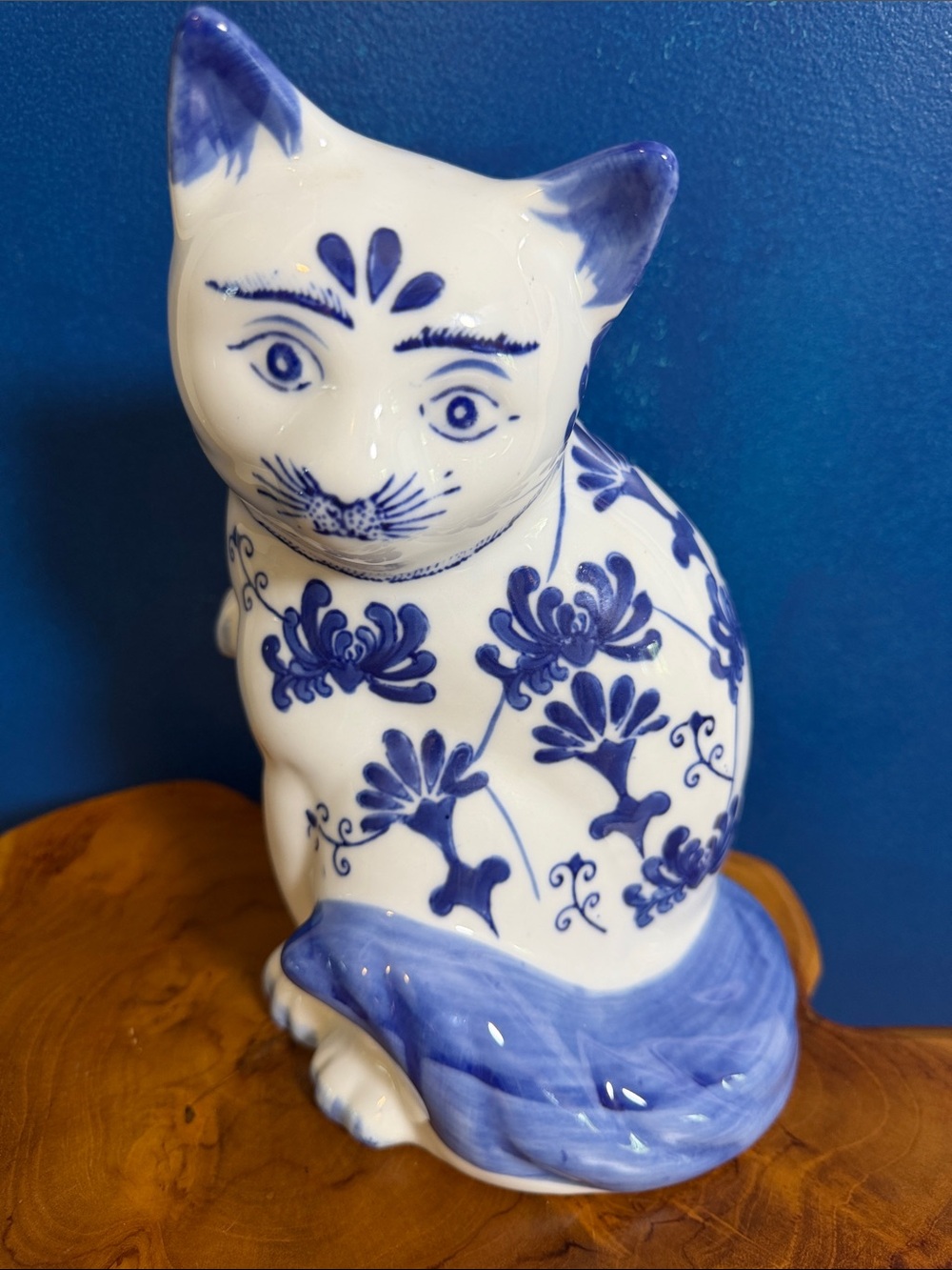 Blue & White Floral Chinese Porcelain Cat Figurines Hand Painted 8”